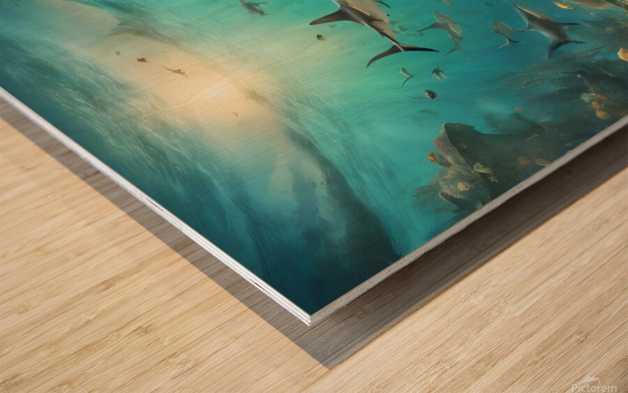 Showcase a vast underwater landscape teeming with various fish Wood print