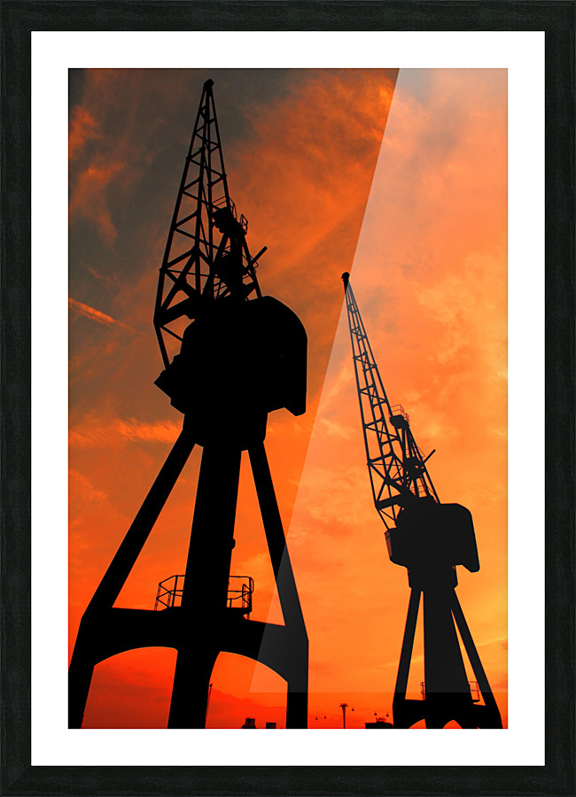 Sunset port tower cranes Picture Frame print