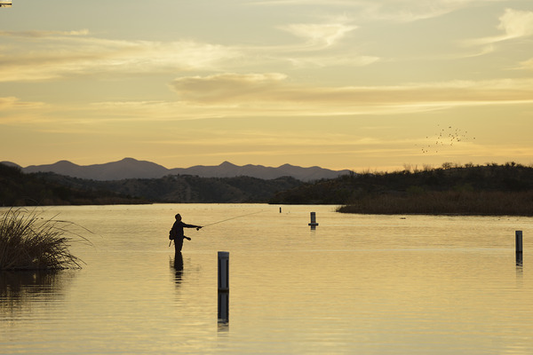 Backlit man fishing at sunset Patagonia Lake State Park Arizona USA Digital Download