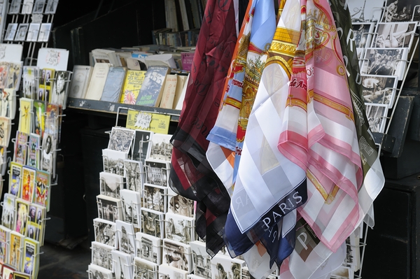 Scarves and postcards for sale on the banks of the Seine River - Paris Digital Download