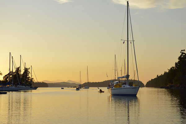 Sea kayaker and anchored boats in Princess Bay Digital Download