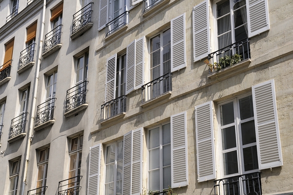 Apartment windows with open shutters and balconies - Paris Digital Download