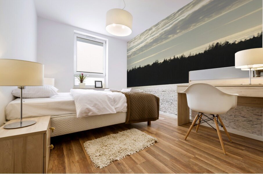 Backlit small boat coming into Tofino Mural print