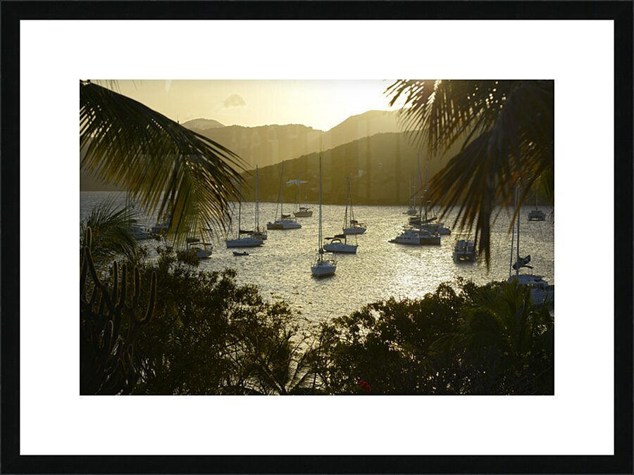 Catamarans and sailboats at the anchorage at Pussers Marina Cay Picture Frame print