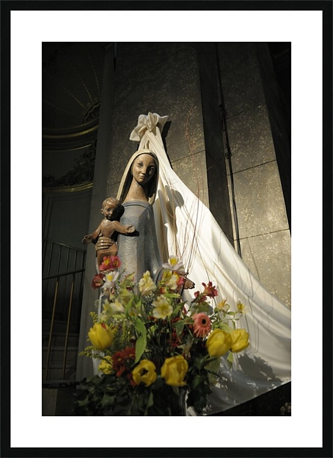 Wood carving of the virgin with bouquet of flowers Eglise Saint Pothin Picture Frame print