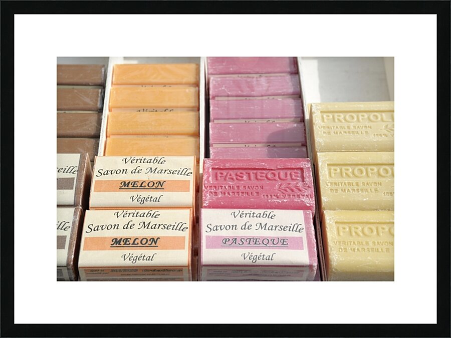 Melon and watermelon soap bars at the Lourmarin market Picture Frame print