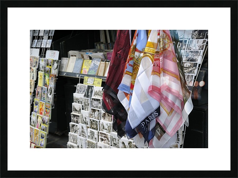 Scarves and postcards for sale on the banks of the Seine River - Paris Picture Frame print