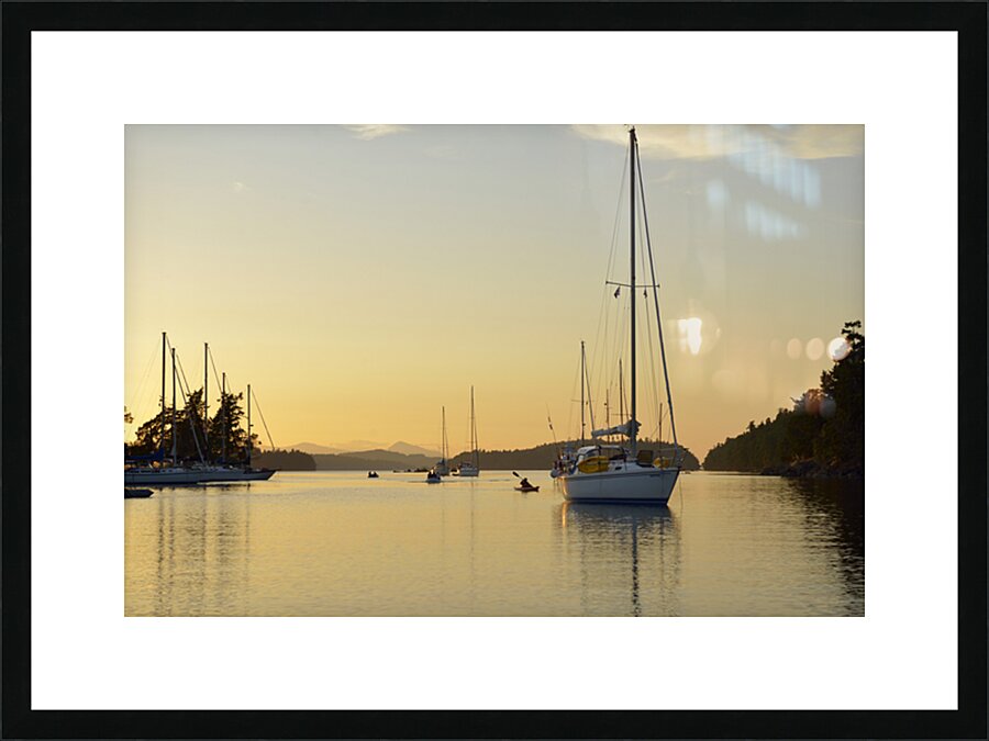 Sea kayaker and anchored boats in Princess Bay Picture Frame print