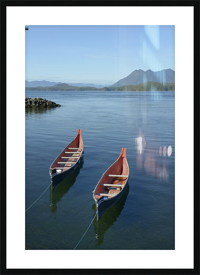 Two native canoes anchored in Tofino Harbour Picture Frame print