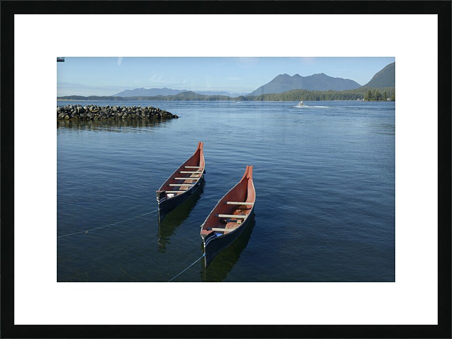 Two native canoes anchored in Tofino Harbour Picture Frame print