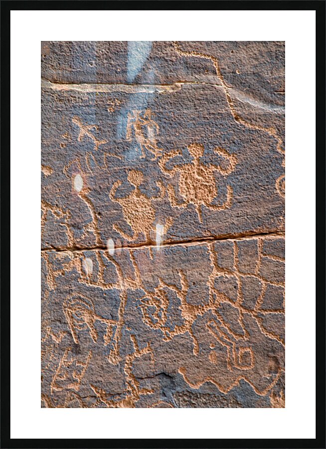 Ancient petroglyphs showcasing animal figures and geometric designs Crane Petroglyph Site Verde Valley Arizona Picture Frame print