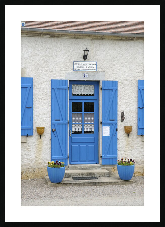 Blue door and shutters at the lock keepers house Ecluse 24 Anizy Champ du Pont Limanton Nievre Burgundy France Picture Frame print