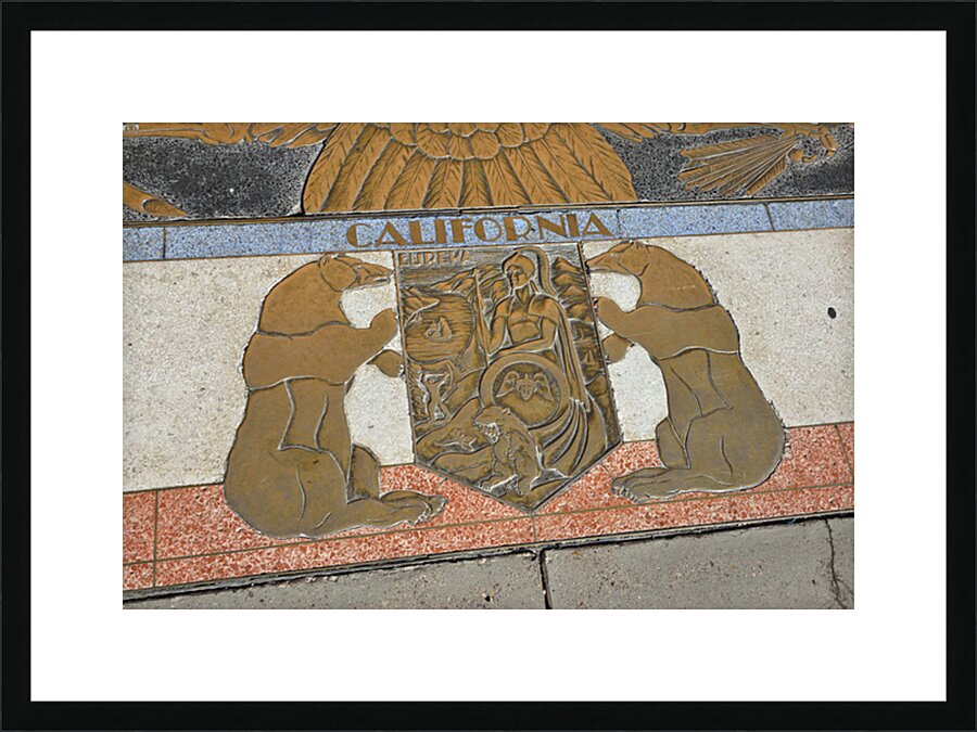 Bas relief plaque for California is inlaid into Hoover Dams plazas surface one of the seven states that fall within the Colorado Rivers basin. Hoover Dam Arizona Nevada USA Picture Frame print