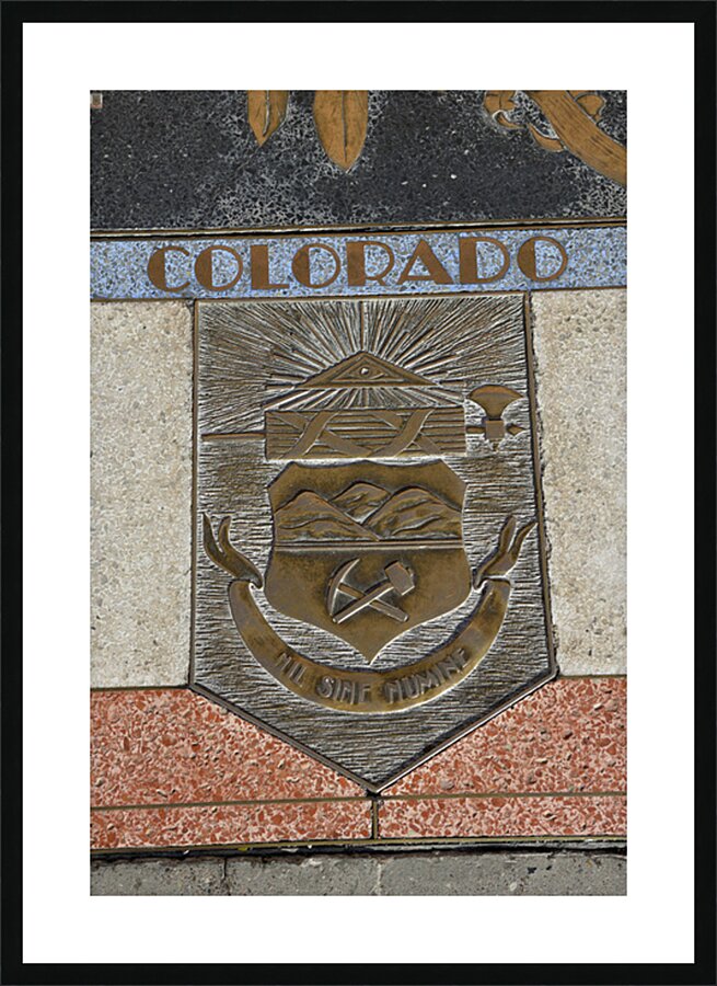 Bas relief plaque for Colorado is inlaid into Hoover Dams plazas surface one of the seven states that fall within the Colorado Rivers basin. Hoover Dam Arizona Nevada USA Picture Frame print