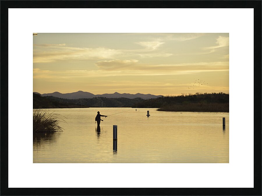 Backlit man fishing at sunset Patagonia Lake State Park Arizona USA Picture Frame print