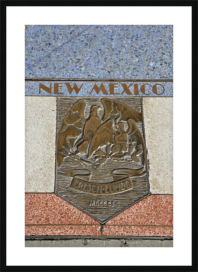 Bas relief plaque for New Mexico is inlaid into Hoover Dams plazas surface one of the seven states that fall within the Colorado Rivers basin. Hoover Dam Arizona Nevada USA Picture Frame print