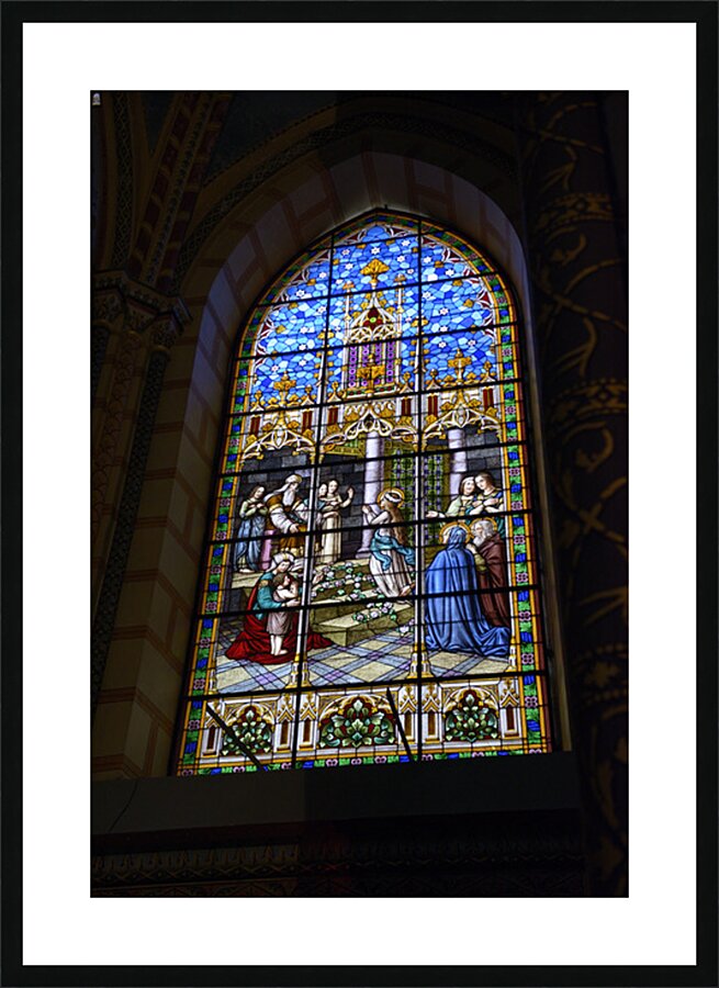 Stained glass window at Basilica del Voto Nacional Quito Ecuador Picture Frame print