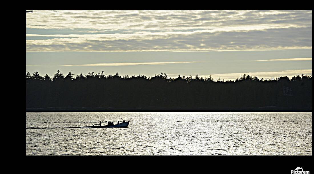 Backlit small boat coming into Tofino Reproduction