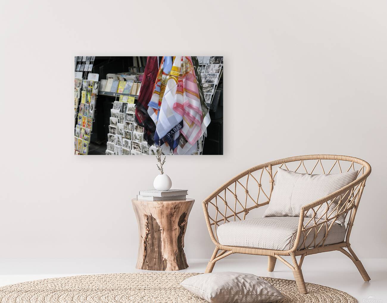 Scarves and postcards for sale on the banks of the Seine River - Paris Reproduction