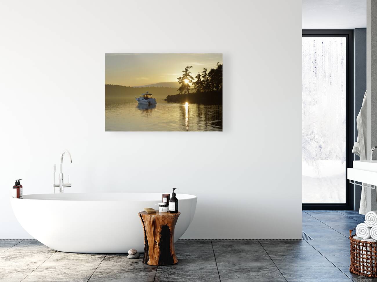 Small motor boat leaving Conover Cove Reproduction