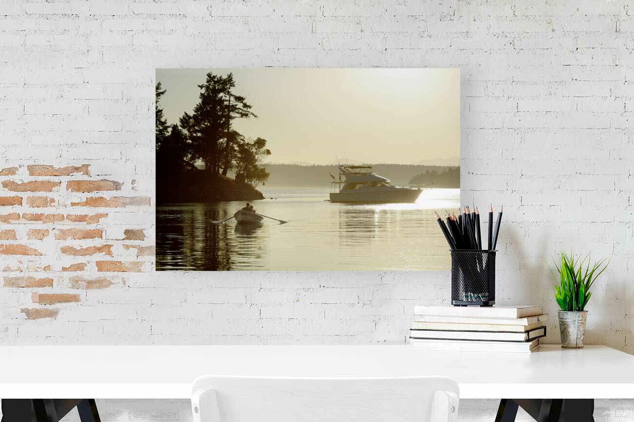 Couple in a dinghy rowing in front of a pleasure motorboat Reproduction