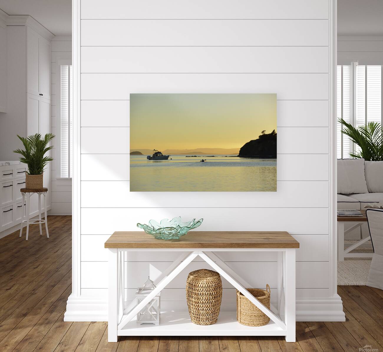 Kayaker and motor boat at anchor in Fox Cove. Sucia Island Reproduction