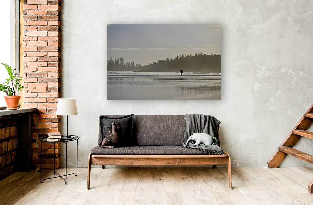 Man walking with surfboard through the mist Long Beach Pacific Rim National Park Reproduction