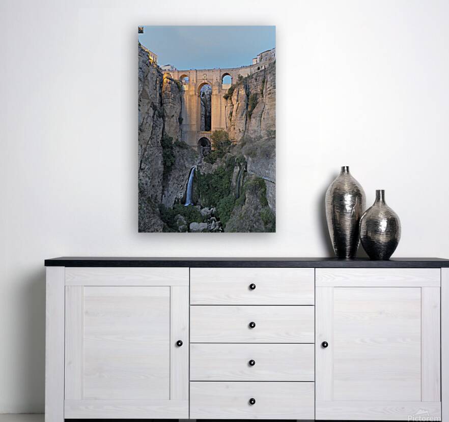 Guadalevín River and waterfall at dusk Puente Nuevo El Tajo Gorge Ronda Málaga Andalusia Spain Reproduction