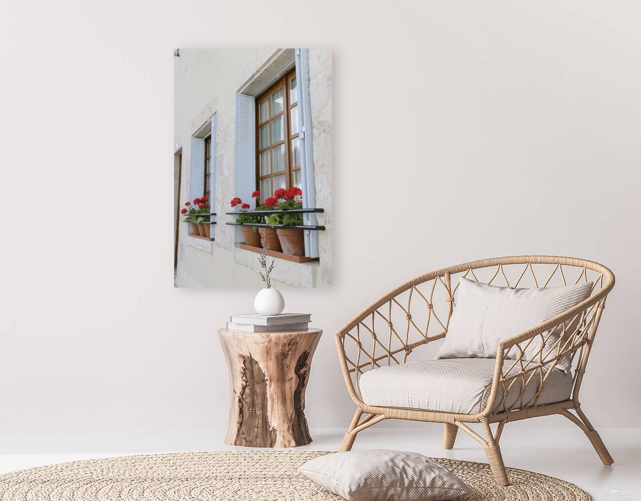Potted red geraniums in a window Châtillon sur Loire Centre France Reproduction