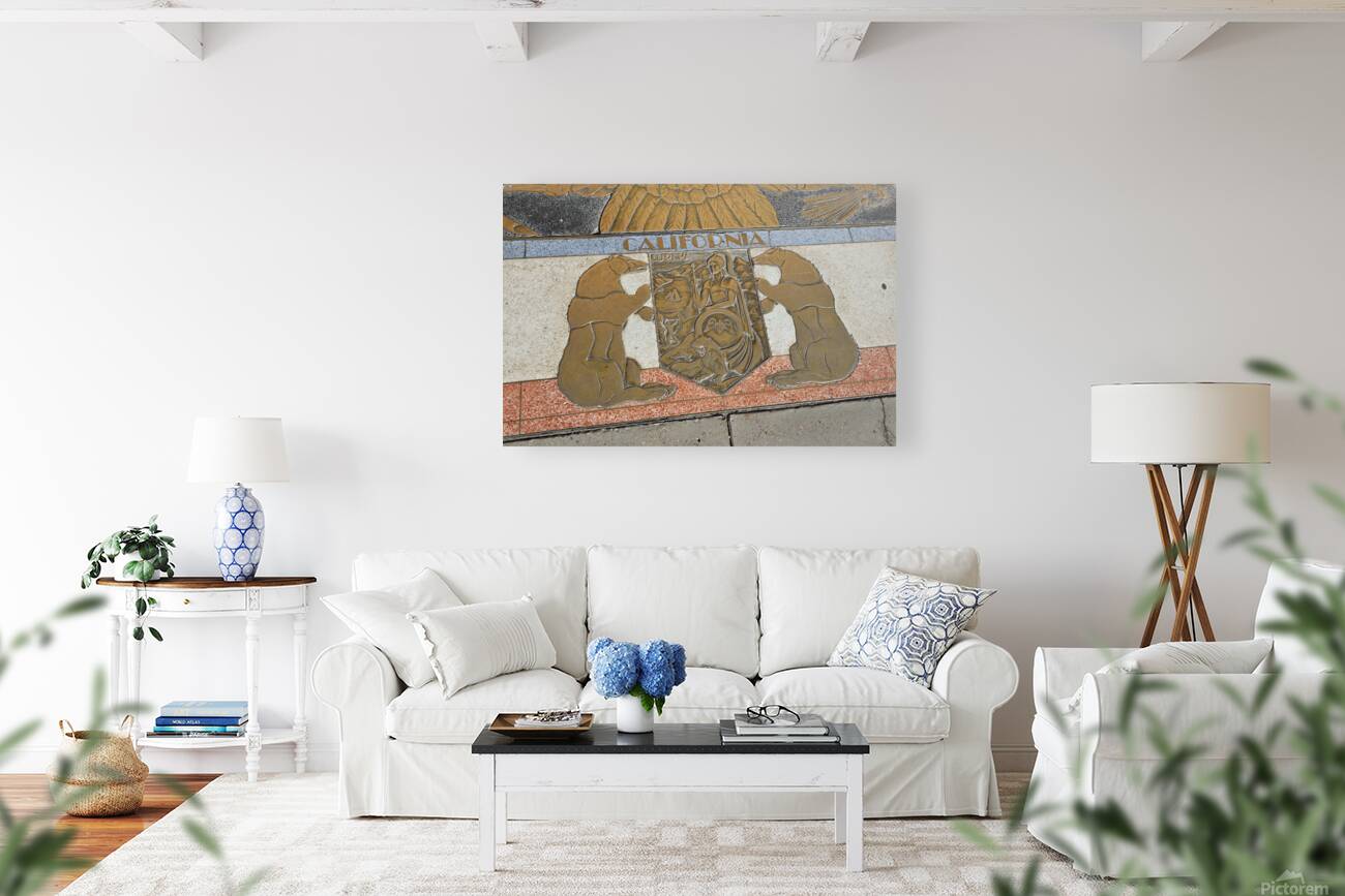 Bas relief plaque for California is inlaid into Hoover Dams plazas surface one of the seven states that fall within the Colorado Rivers basin. Hoover Dam Arizona Nevada USA Reproduction