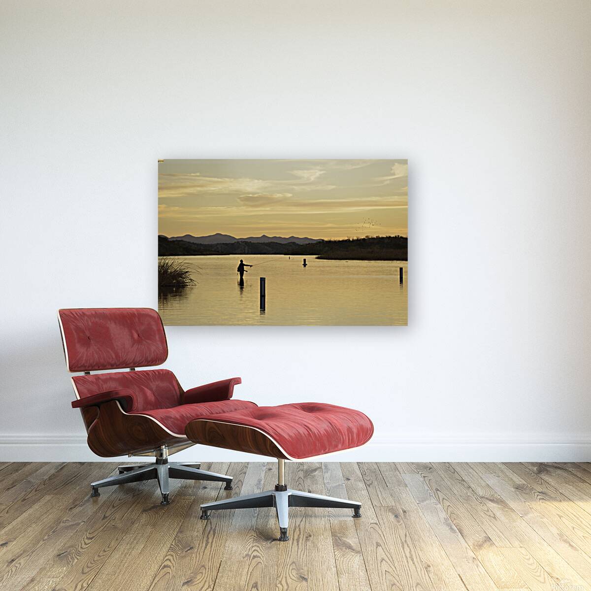 Backlit man fishing at sunset Patagonia Lake State Park Arizona USA Reproduction