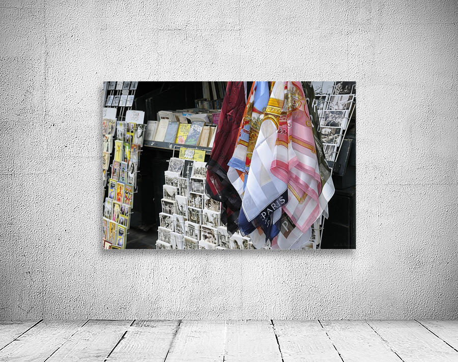 Scarves and postcards for sale on the banks of the Seine River - Paris Wall Preview
