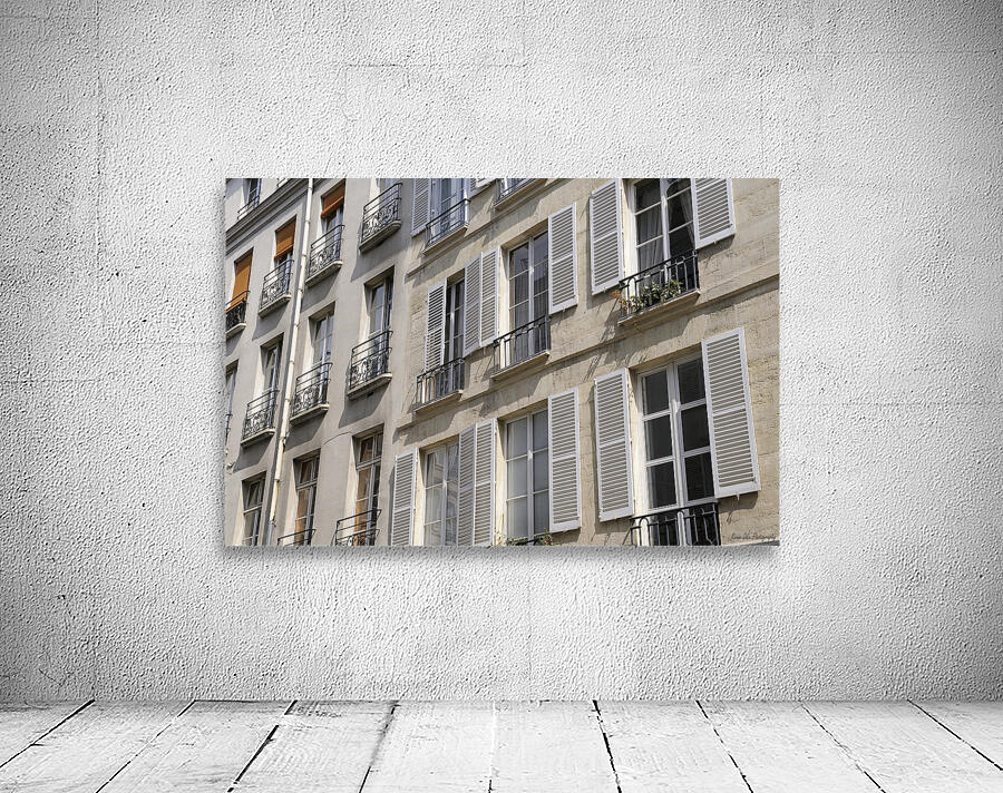 Apartment windows with open shutters and balconies - Paris Wall Preview