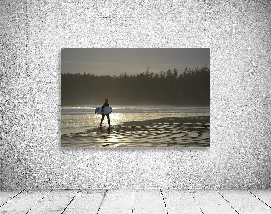Women walking with a surfboard on Long Beach Pacific Rim National Park Wall Preview