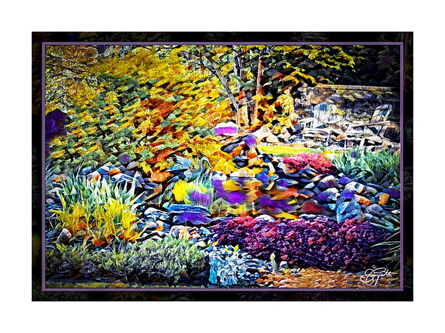BLUE HERON IN A FANCIFUL GARDEN Picture Frame print