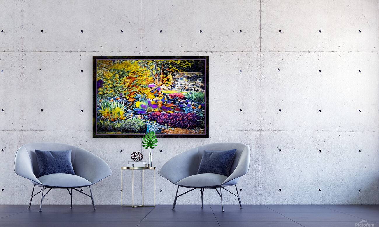 BLUE HERON IN A FANCIFUL GARDEN Reproduction