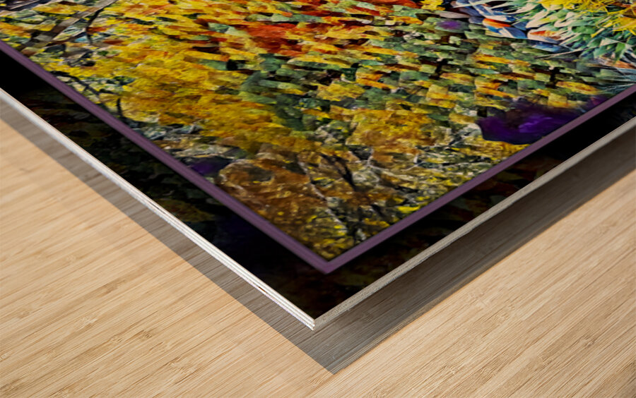 BLUE HERON IN A FANCIFUL GARDEN Wood print