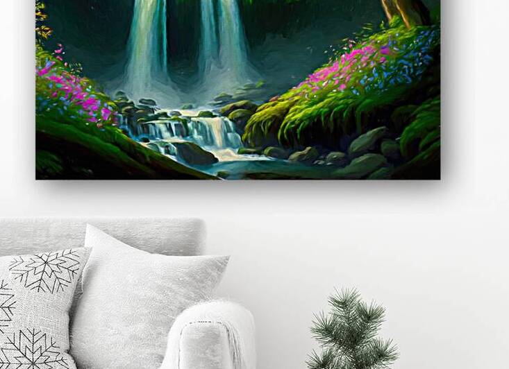 Waterfall in the forest with flowers - GIA-2310-1121-OIL by JordiCarrio