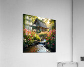 A charming cottage by a flowing stream surrounded by vibrant flowers and lush greenery evoking a fairytale atmosphere. Generative Al Acrylic Print