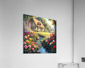 A fairytale cottage surrounded by a vibrant garden featuring a stream and sunlit path embodying cottagecore charm. Generative Al Acrylic Print