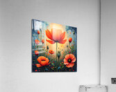 A vibrant painting of red poppies in a sunlit field with a central orange poppy and a dreamy blue sky above. Generative Al Acrylic Print