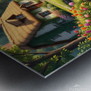 A fairytale cottage surrounded by a vibrant garden featuring a stream and sunlit path embodying cottagecore charm. Generative Al Metal print