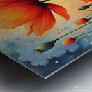 A vibrant painting of red poppies in a sunlit field with a central orange poppy and a dreamy blue sky above. Generative Al Metal print