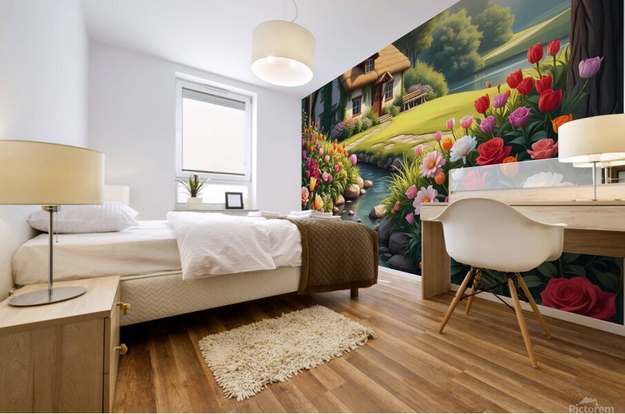 A fairytale cottage surrounded by a vibrant garden featuring a stream and sunlit path embodying cottagecore charm. Generative Al Mural print