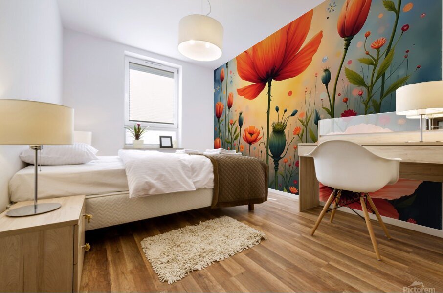 A vibrant painting of red poppies in a sunlit field with a central orange poppy and a dreamy blue sky above. Generative Al Mural print