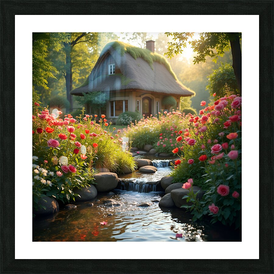 A charming cottage by a flowing stream surrounded by vibrant flowers and lush greenery evoking a fairytale atmosphere. Generative Al Picture Frame print