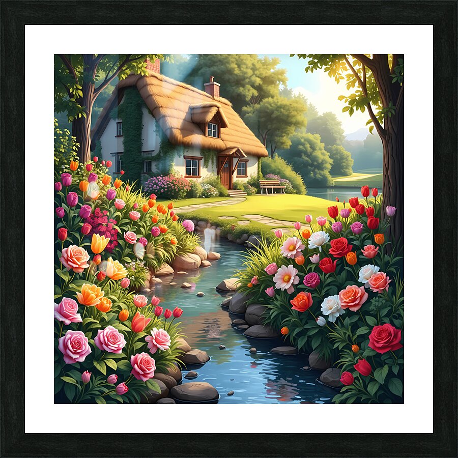 A fairytale cottage surrounded by a vibrant garden featuring a stream and sunlit path embodying cottagecore charm. Generative Al Picture Frame print