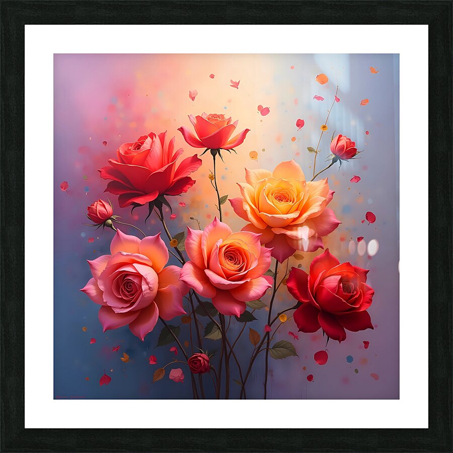 A vibrant painting of numerous roses showcasing delicate petals and shimmering dew creating a romantic atmosphere. Generative Al  Picture Frame print