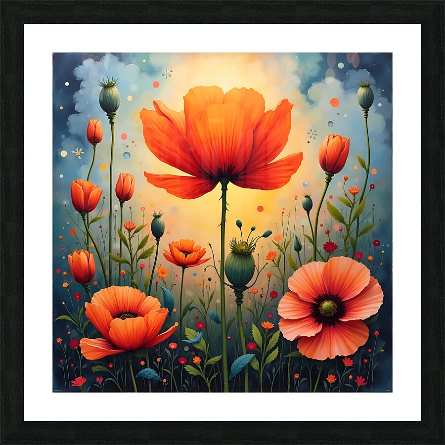 A vibrant painting of red poppies in a sunlit field with a central orange poppy and a dreamy blue sky above. Generative Al Picture Frame print