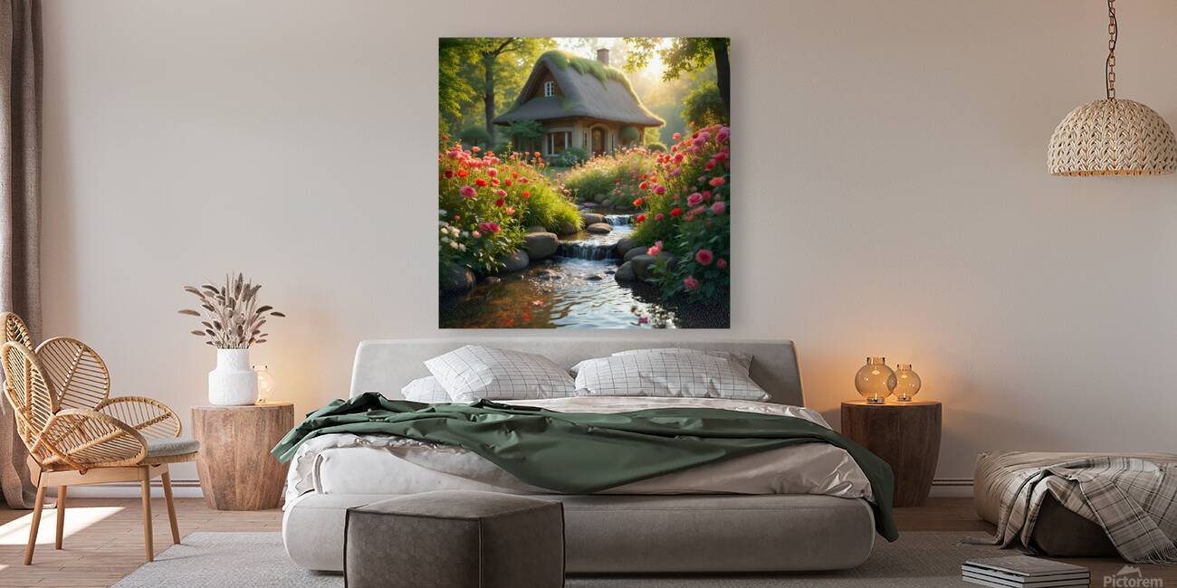 A charming cottage by a flowing stream surrounded by vibrant flowers and lush greenery evoking a fairytale atmosphere. Generative Al Reproduction